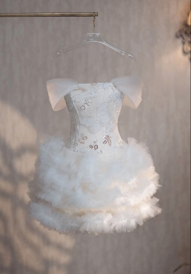 Elegant White Off The Shoulder Tulle Sequin Short Birthday Dress Homecoming Dress