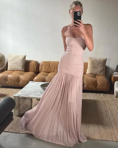 Beautiful Mermaid Strapless Neckline Pink Long Chiffon Party Dresses Prom Dress