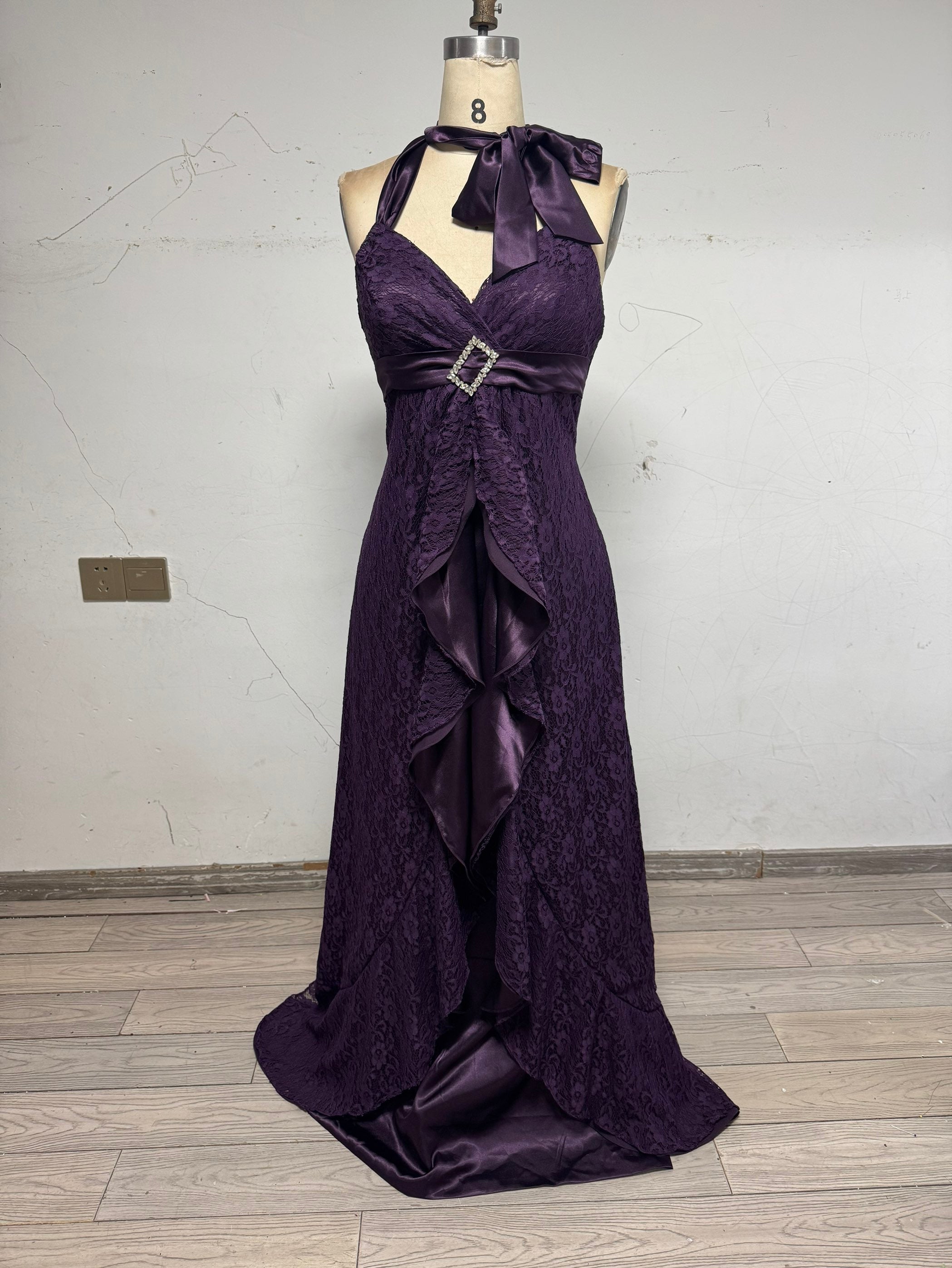 Lace Purple Halter Neck Prom Party Dress Birthday Outfits