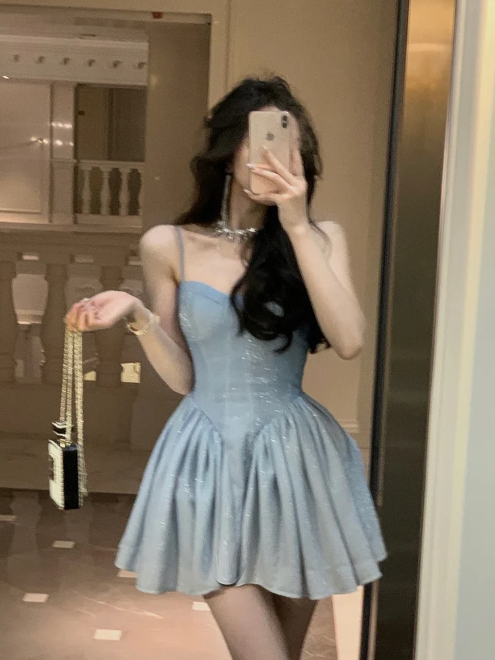 Shiny Blue Satin Sequin A Line Homecoming Dress Cocktail Dress Spaghetti Straps Birthday Outfits