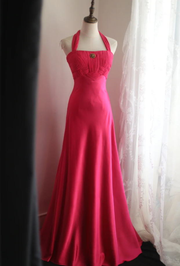 Glamorous Halter Hot Pink Satin Chiffon Mermaid Long Party Dress Formal Birthday Prom Gowns With Cape