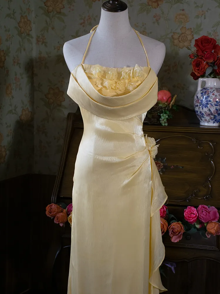 Vintage Halter Neck Floral Prom Dress Fairy Yellow Evening Dress Party Princess Dress