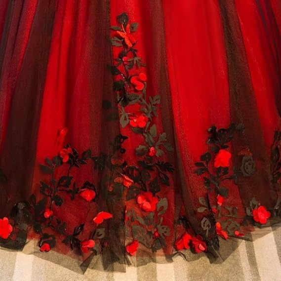 Black And Red Tulle Satin Appliques Sweet 16 Ball Gown Quinceanera Dress