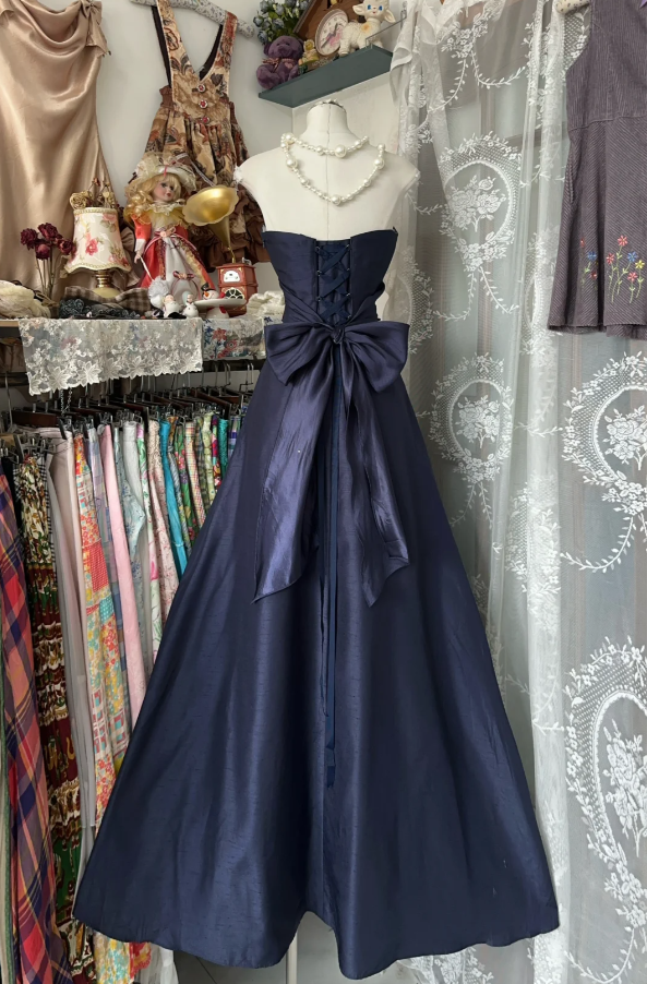Elegant Navy Blue Strapless Satin Bow A Line Long Wedding Guest Dress Party Dress