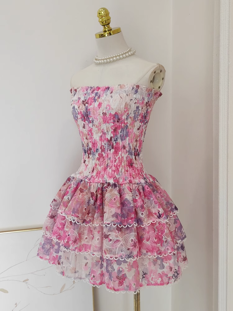 Cute A line Strapless Sleeveless Pink Floral Cocktail Dress Short Birthday Outfits