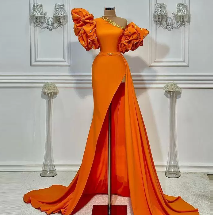 unique evening dresses long orange beaded mermaid elegant simple formal evening gown