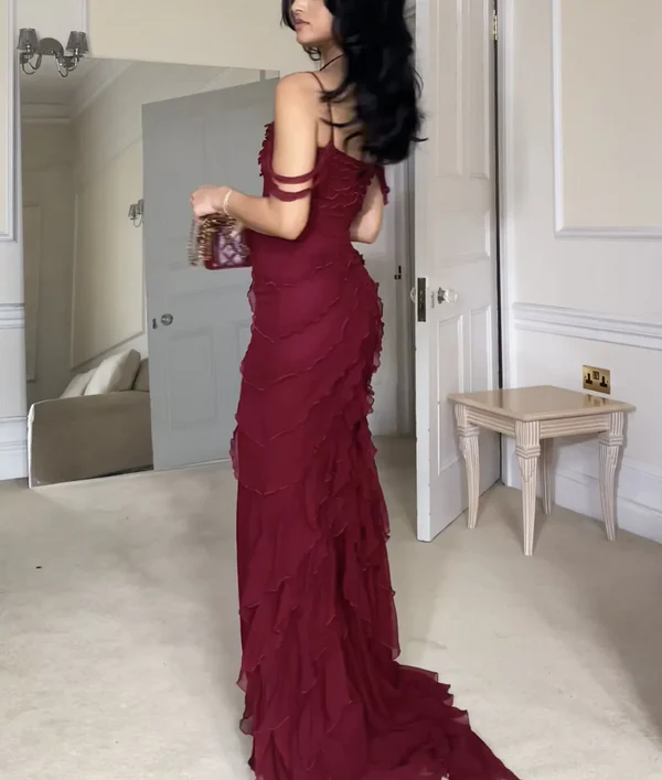 Burgundy Off Shoulder Straps Multi-layered Ruffles Long Prom Dress Chiffon Evening Dress