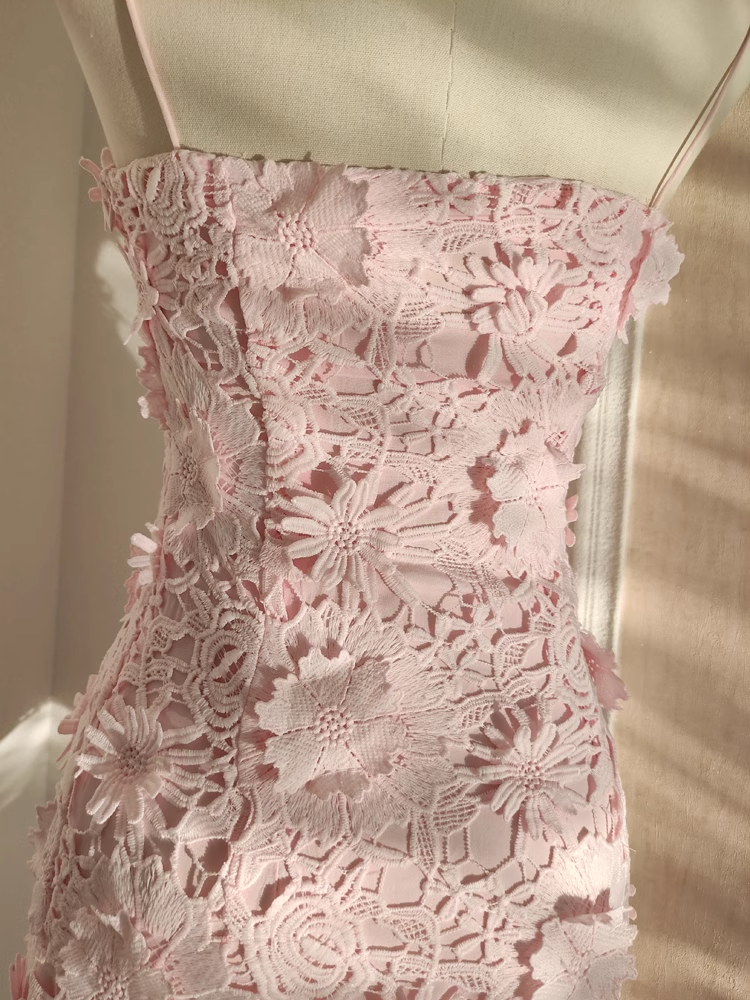 Sexy A Line Spaghetti Straps Pink Lace Vacation Dresses Short Birthday Outfits