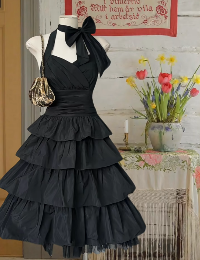 Fashion Black Halter Satin Layered A Line Short Party Dress Formal Homecoming Dress