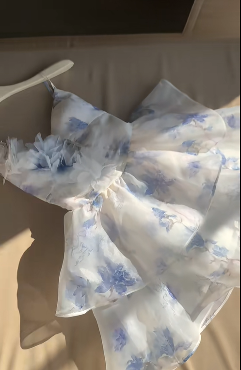 Beautiful Blue Chiffon Print Floral Short Holiday Dress Spaghetti Straps A Line Homecoming Dress