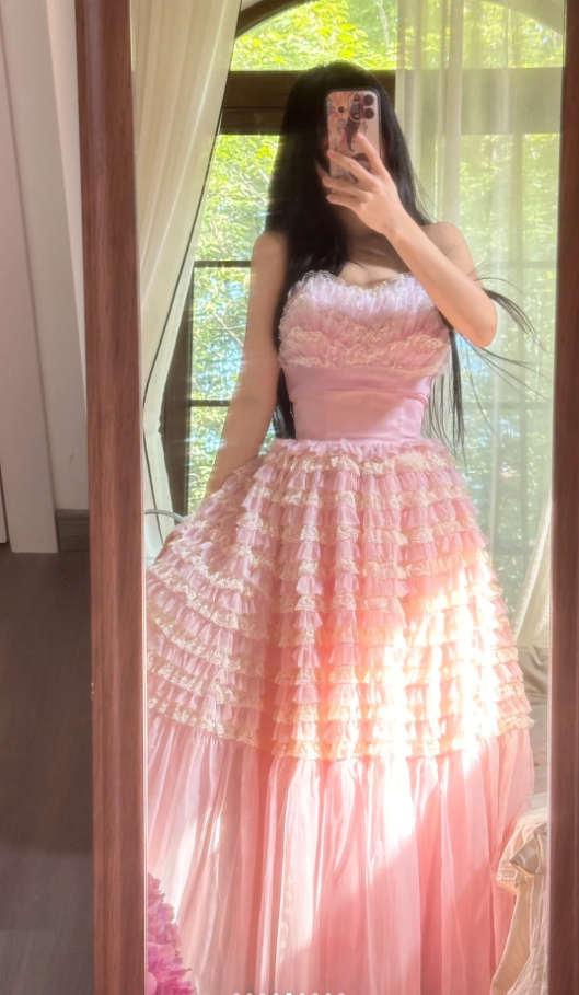 Sweet Strapless Pink Tulle Pleated A Line Long Party Dress Princess Birthday Prom Gowns