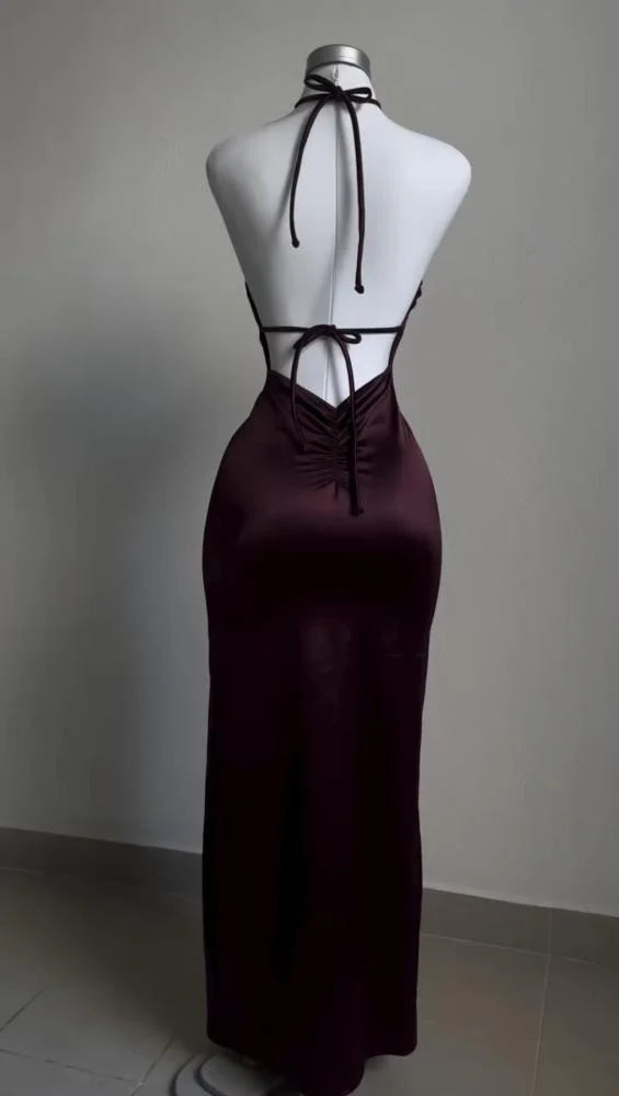Elegant Sheath Halter Sleeveless Burgundy Satin Backless Prom Dresses Long Evening Dress