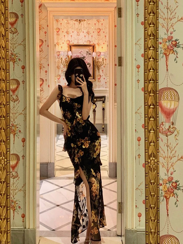 Sexy Sheath Straps Floral Chiffon Slit Long Prom Dresses Birthday Outfits