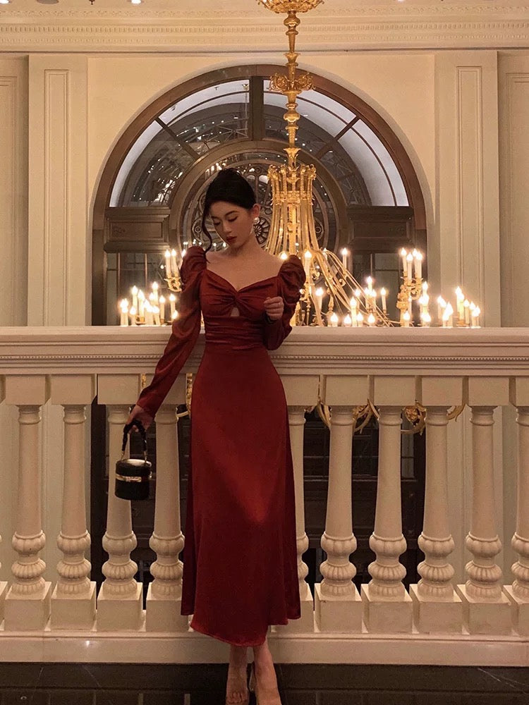 Sexy A line Long Sleeves Red Satin Prom Dresses Birthday Outfits