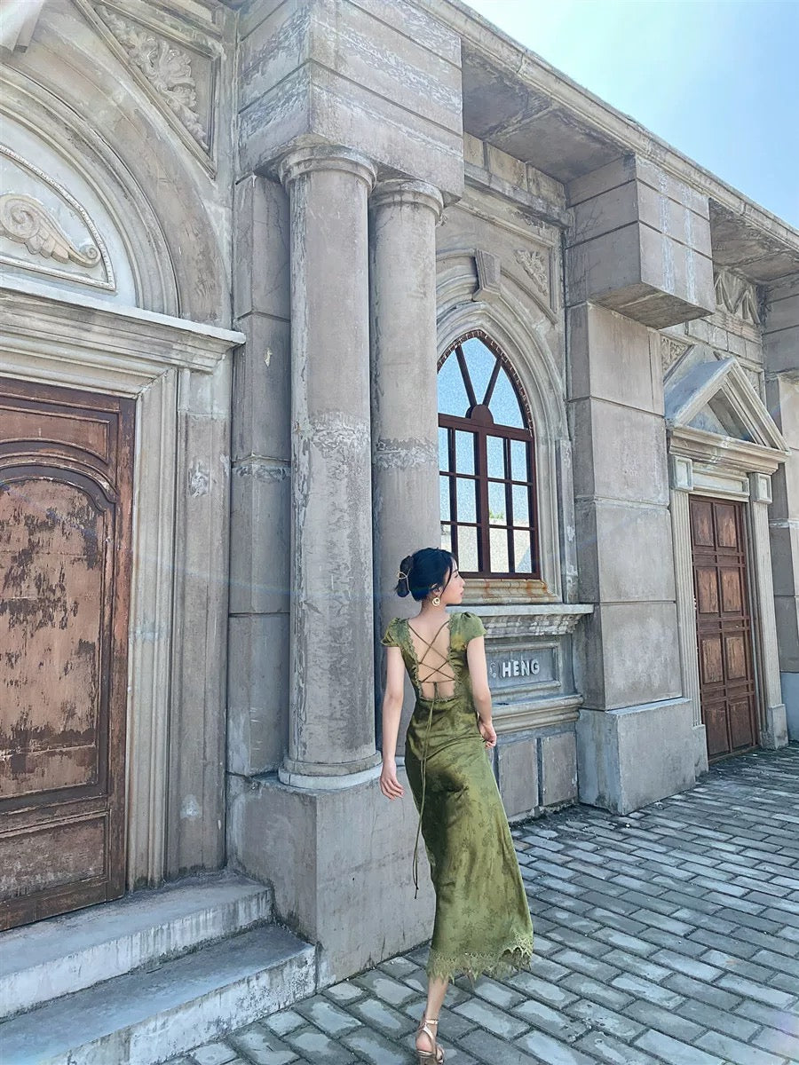 Sexy Mermaid V Neckline Short Sleeves Lace Green Floor Length Evening Dress Prom Dresses