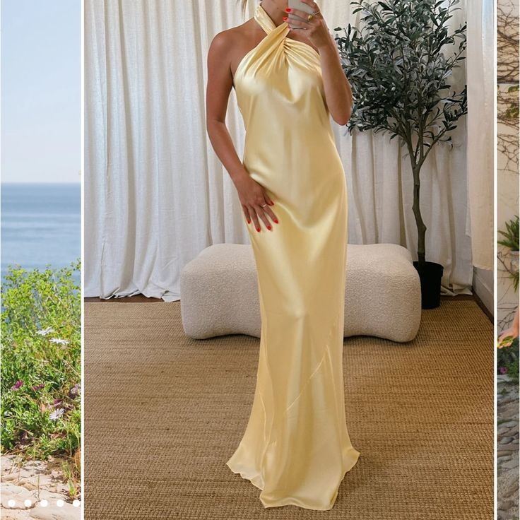 Fashion Halter Sheath Long Party Prom Dress,Yellow Evening Gown