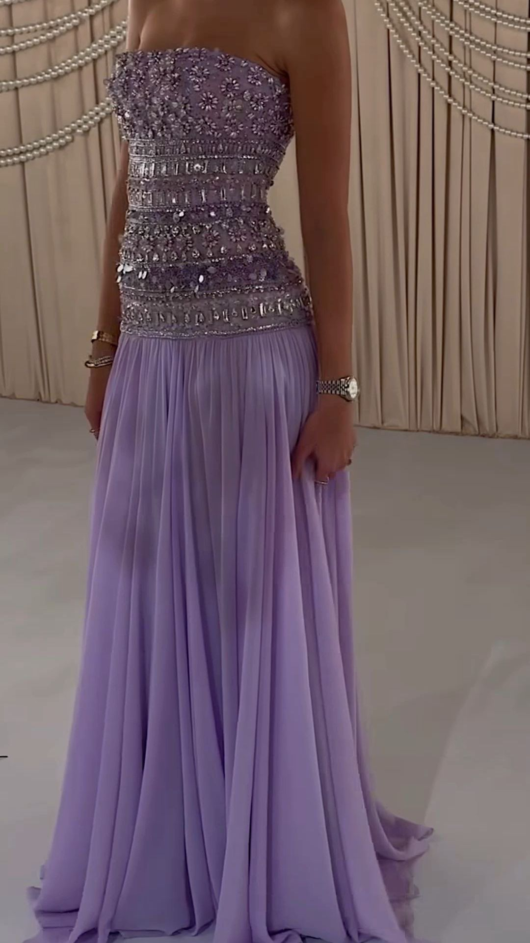 Classy Strapless Lilac Chiffon Beaded Mermaid Long Party Dress Formal Wedding Guest Dress