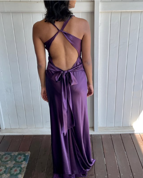 Simple A-Line V Neckline Grape Satin Long Prom Dresses Formal Evening Dress