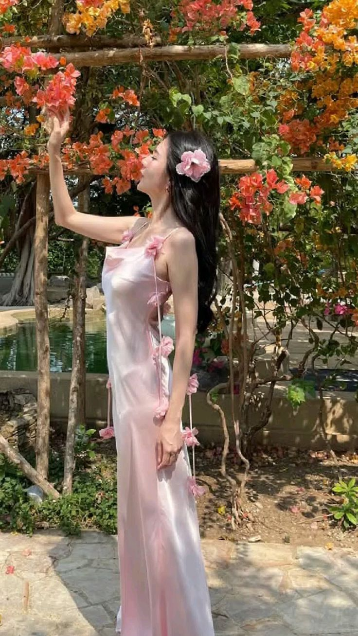 Sweet Pink Spaghetti Straps Satin Flowers Mermaid Long Prom Dresses Evening Dress