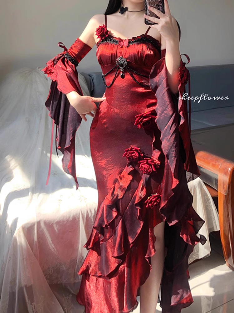 Vintage High Low Spaghetti Straps Floor Length Burgundy Flowers Prom Dresses Birthday Dress