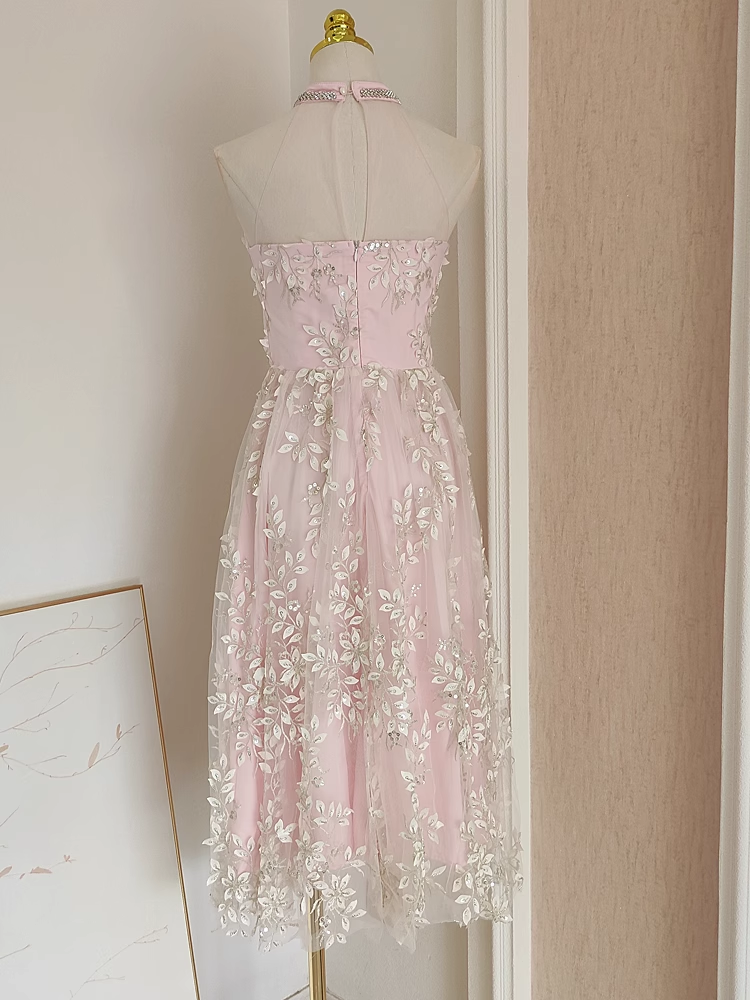Sexy A line High Neckline Pink Tulle Dinner Party Dresses Birthday Outfits