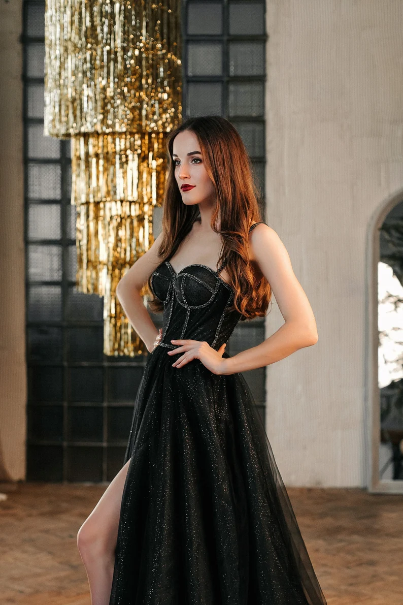 Black tulle sweetheart neck long prom dress, black tulle formal dress