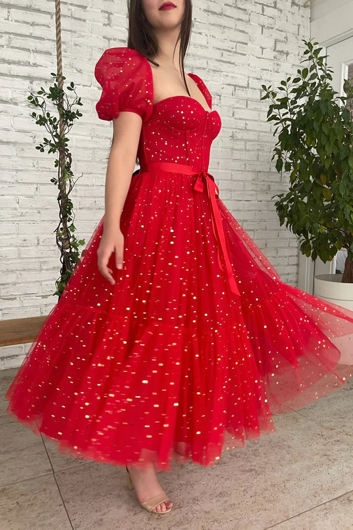 Red tulle short A line prom dress homecoming dress