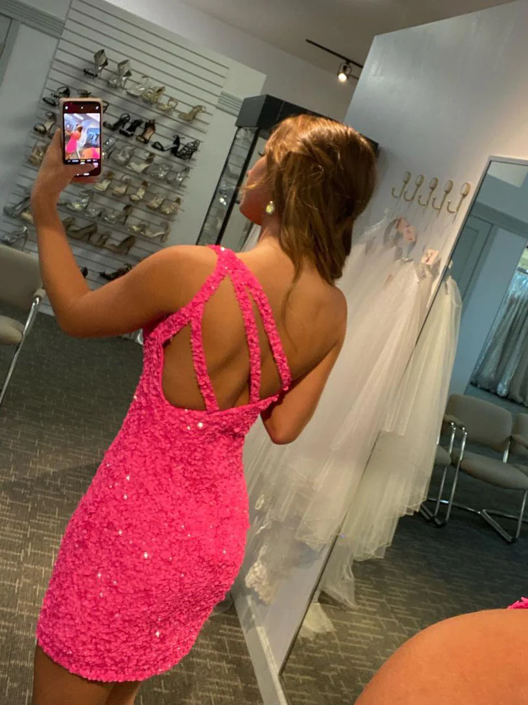 Unique Sequins Lace One-shoulder Sheath Homecoming Dresses