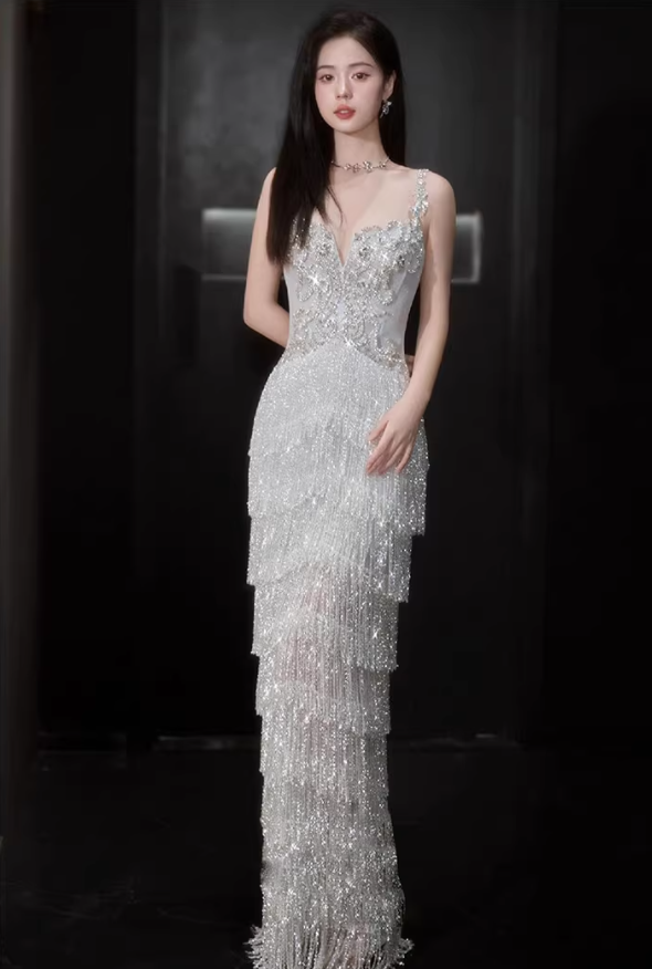 Glitter Spaghetti Straps Silver Satin Beaded Layered Tassel Long Party Dress Evening Gown