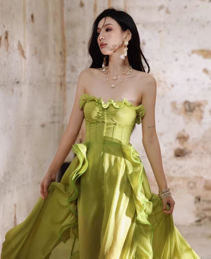 Pretty Green Strapless Chiffon Ruffled Long Evening Dress Birthday Dress