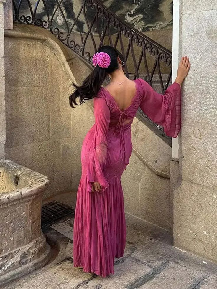 Pink Chiffon Lace Party Dress Elegant Long Prom Dress
