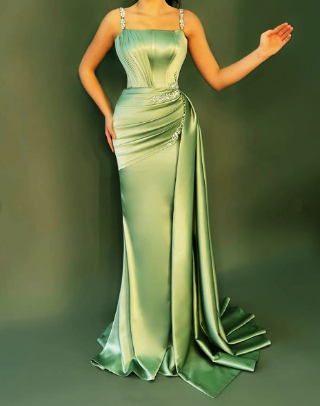 Unique Green Satin Beaded Mermaid Evening Dress,Long Prom Party Dress