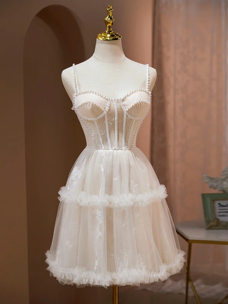 Elegant Sweetheart Neck White Tulle Pearls Beaded Short Party Dress Formal Birthday Outfits Homecoming Dress
