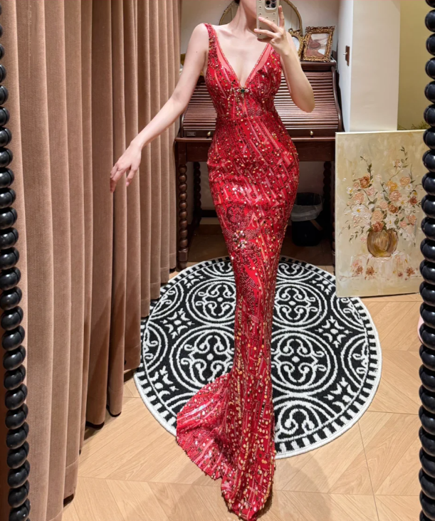 Charming Red V Neck Sequin Beaded Mermaid Long Party Dress Evening Dress