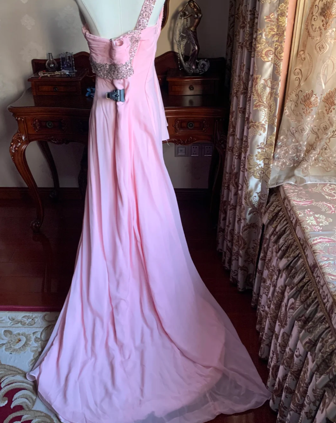 Classy One Shoulder Chiffon Beaded Mermaid Long Wedding Guest Dress Pink Evening Dress