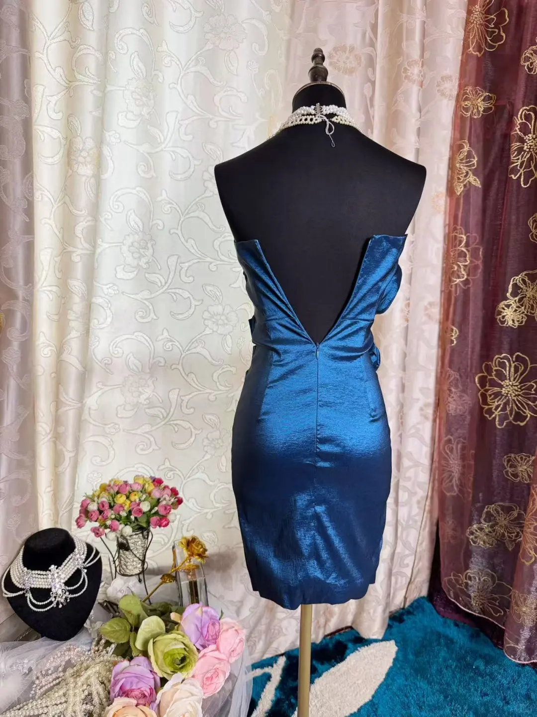Vintage Strapless Blue Satin Sheath Homecoming Dress Cocktail Dress