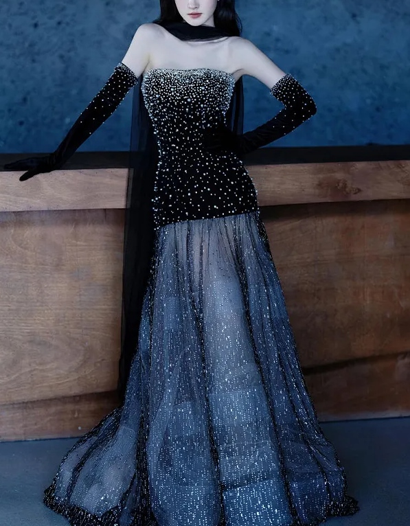 Gorgeous Black Strapless Tulle Beaded Mermaid Evening Dress Long Prom Dresses