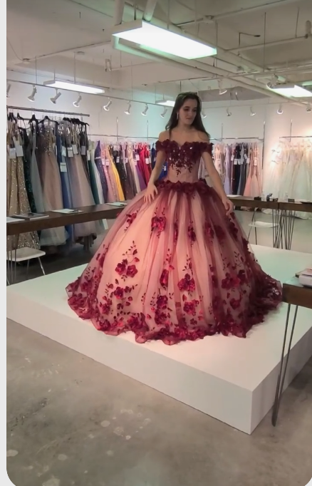 Red tulle flower strapless off the shoulder long train prom ball gown Sweet 16 Dress