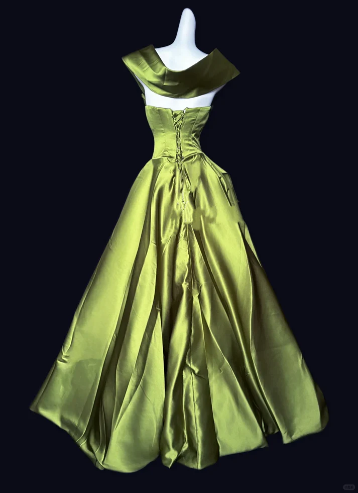 Elegant Green Satin Pleated Ball Gown Formal Birthday Party Dress