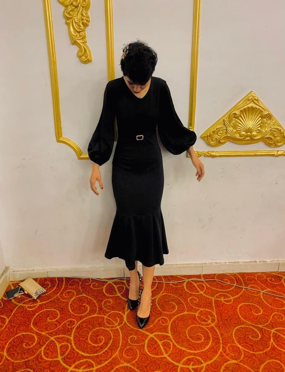 Elegant Black Long Sleeves Mermaid Prom Dress,Black Evening Dress