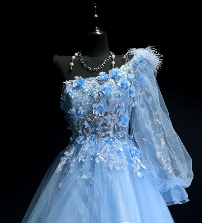 Pretty One Shoulder Blue Tulle Appliques Long Party Dress Formal Evening Dresses