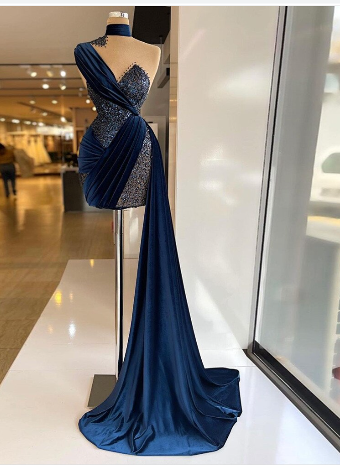 Navy Blue Velvet Sparkly Short Formal Train One Shoulder Short Prom Dresses Pleated Evening Gowns Sexy Party Dress