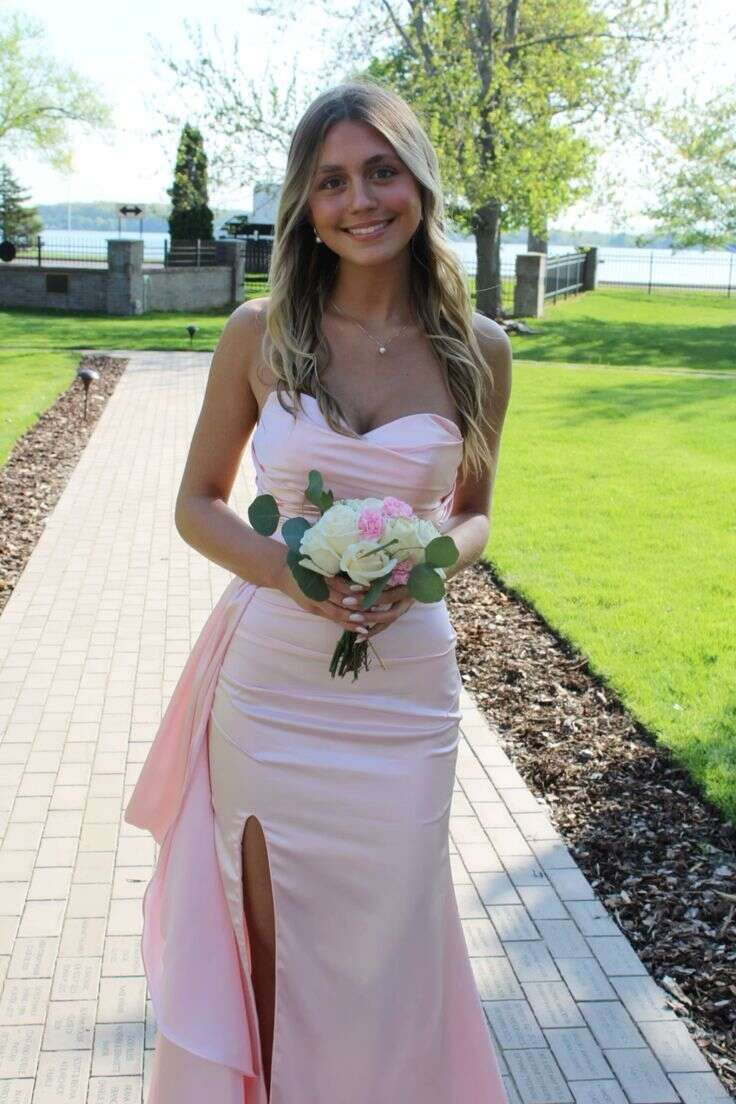 Pink Sweetheart Neck Mermaid Ruffles Slit Evening Dress Formal Prom Dress