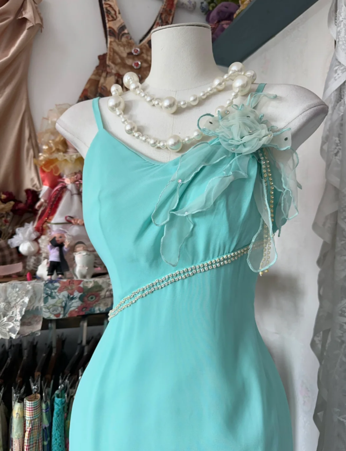 Classy Mint Green Spaghetti Straps Chiffon Beaded Mermaid Long Prom Dress Birthday Party Dress