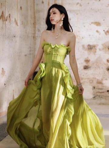 Pretty Green Strapless Chiffon Ruffled Long Evening Dress Birthday Dress