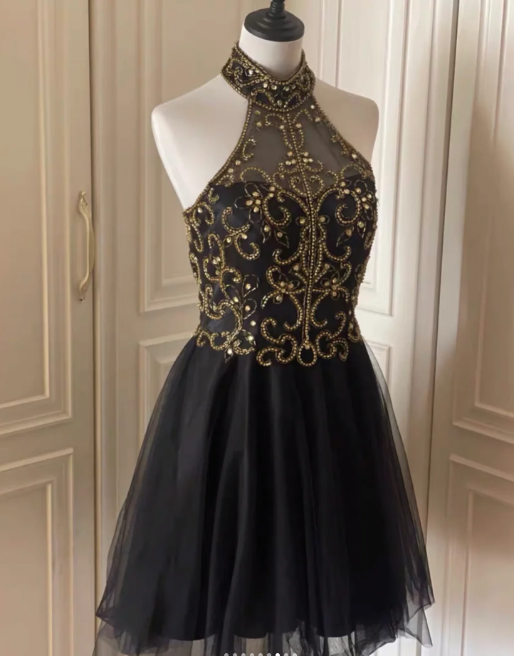 Stylish Halter Tulle Beaded A Line Homecoming Dress Black Sleeveless Birthday Dress Cocktail Dress
