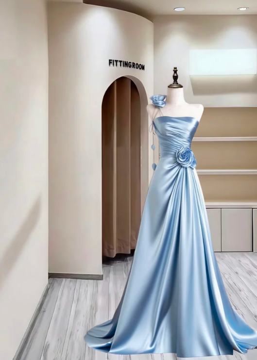 Glamorous One Shoulder Blue Satin Pleated Long Party Dress Birthday Prom Dress With 3D Flowers