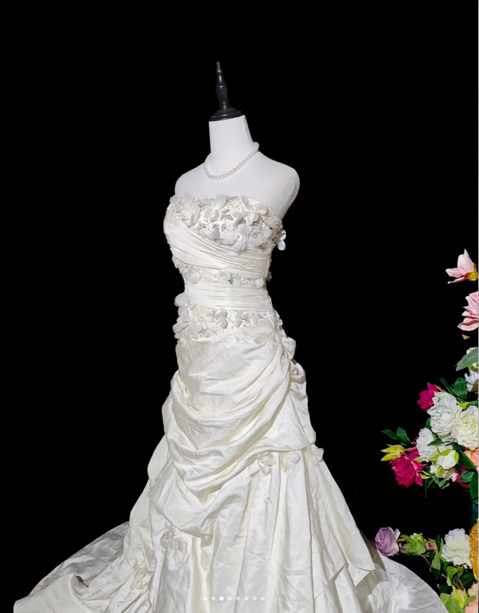 Pretty Ivory Strapless Satin Pleated Appliques Mermaid Party Dress Long Birthday Evening Gown