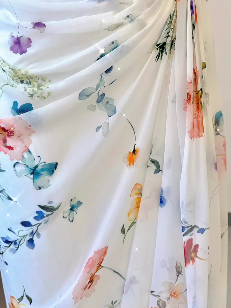 Fairy Chiffon Print Long Mermaid Pleated Evening Dress White Formal Prom Dress