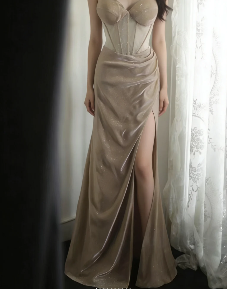 Glitter Spaghetti Straps Satin Beaded Mermaid Slit Evening Dress Long Prom Dress